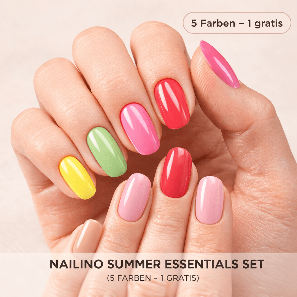 NAILINO Shellac Summer Essentials Set - (5 Farben – 1 gratis) mit bunten Sommernägeln in verschiedenen Farben.