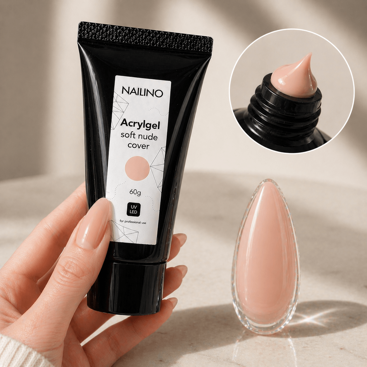NAILINO Acrylgel Soft Nude Cover in schwarzer Tube mit leichtem Nude-Finish für perfekte Nägel.
