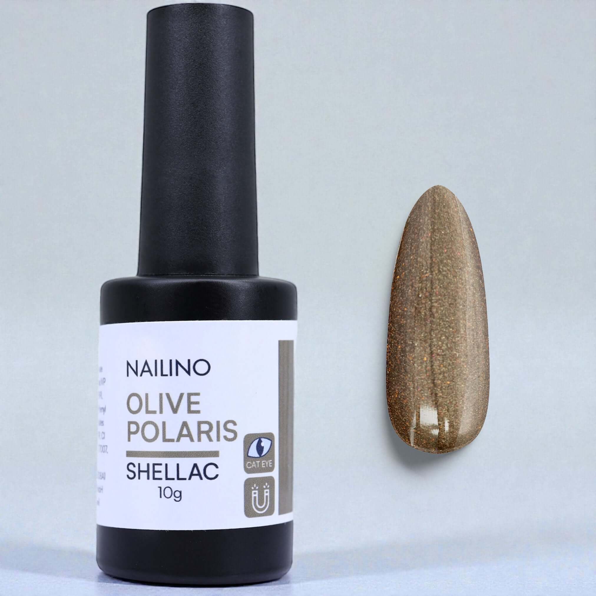 NAILINO Cat Eye Shellac - Olive Polaris mit Nagelprobe, edles Olive-Braun mit Polaris-Lichteffekt.
