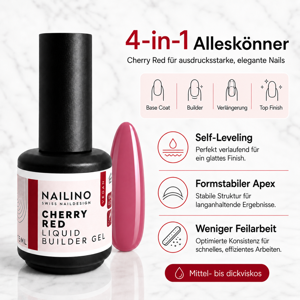 NAILINO Liquid Builder Gel – Produktvorteile mit Nageltip im Farbton der Referenzmuster