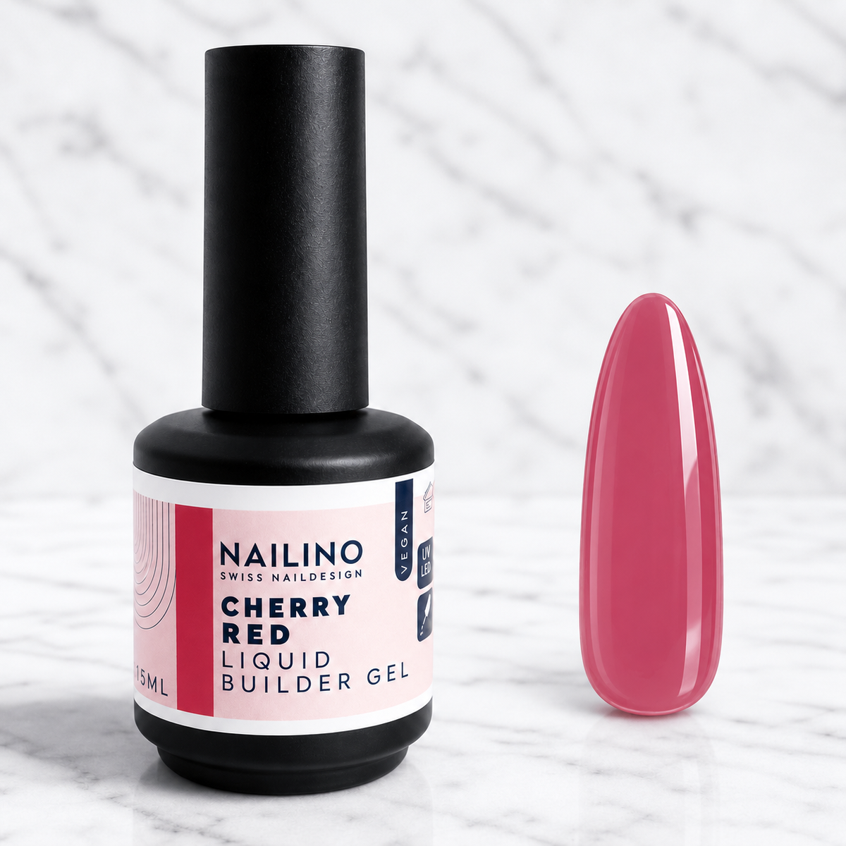 NAILINO Liquid Builder Gel Cherry Red – Produktflasche mit Nageltip im Farbton der Referenzmuster