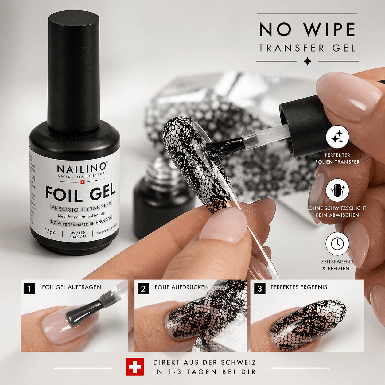 NAILINO Foil Gel - Precision Transfer in Anwendung, perfekt für sauberen Folientransfer ohne Schwitzschicht.