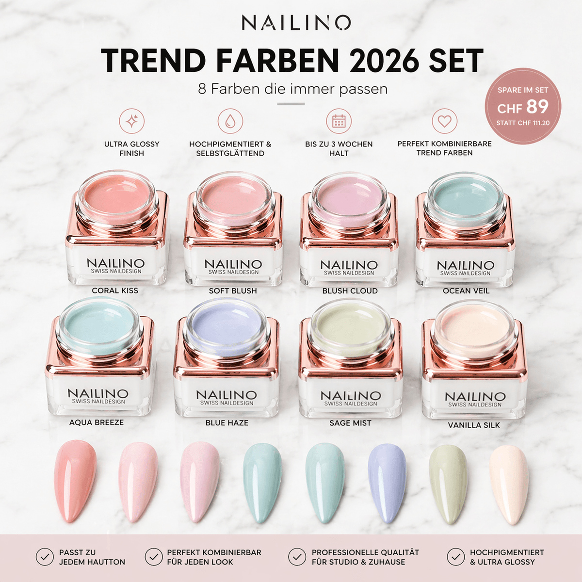 NAILINO Trendfarben 2026 Set (8 Farben) – 8 perfekt abgestimmte Farbgele für Frühling und Sommer.