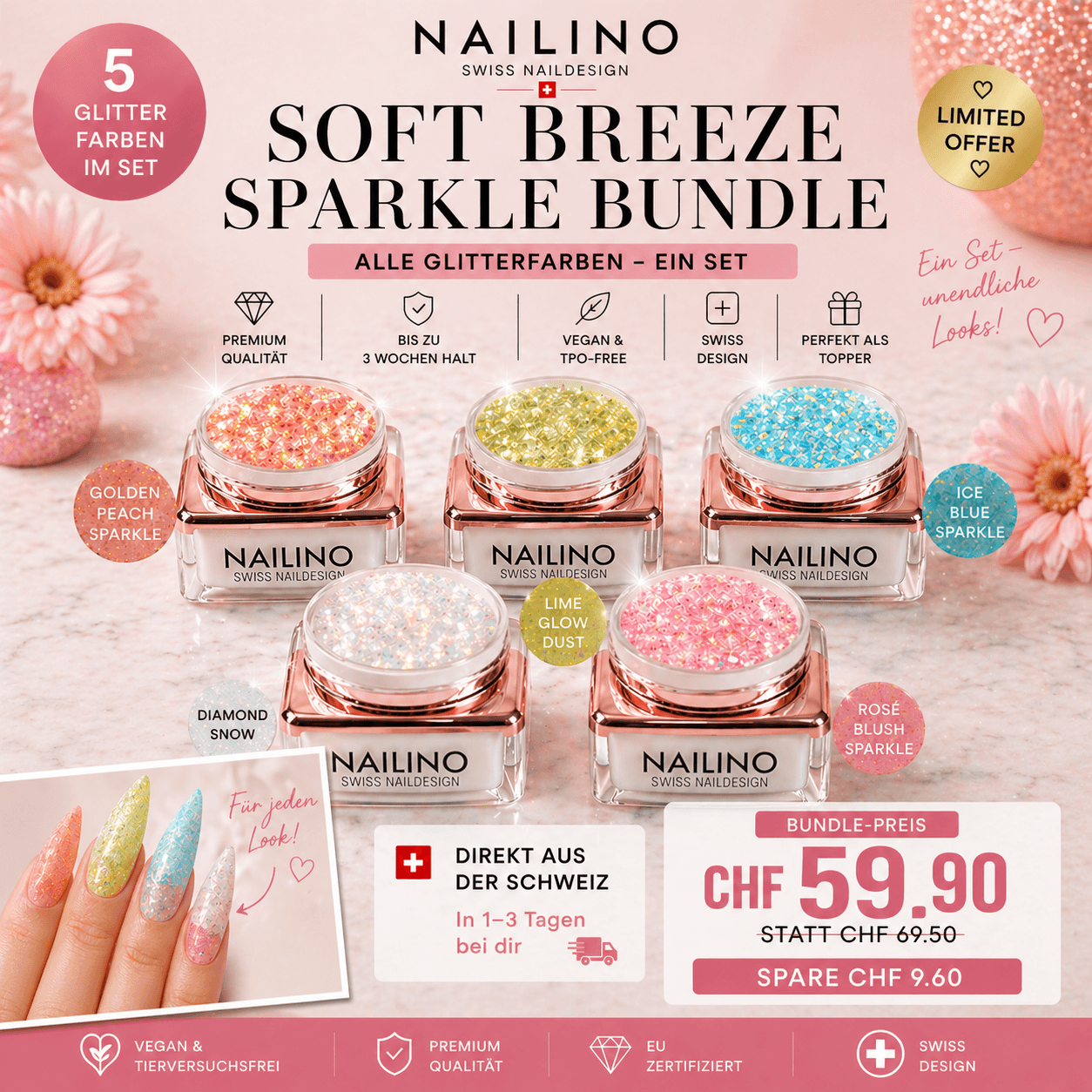 NAILINO Glitzer Gel Bundle - Soft Breeze Sparkle Set (5 Farben) mit 5 funkelnden Glittergelen im Angebot.