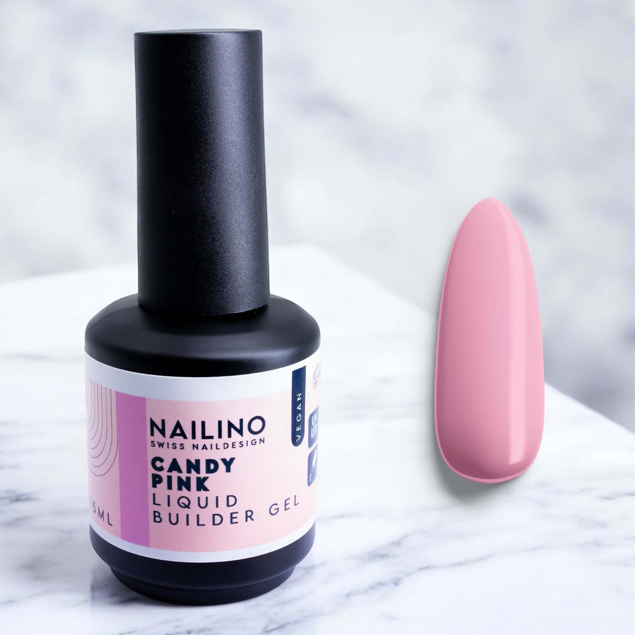 Unser NAILINO Liquid Builder Gel – Candy Pink sticht durch sein frisches, lebendiges Pink heraus und verleiht jeder Maniküre einen fröhlichen, modernen Look.