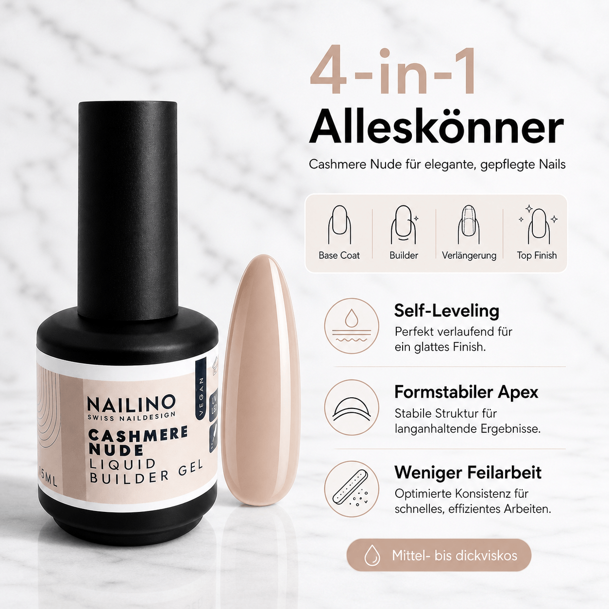 NAILINO Liquid Builder Gel – Cashmere Nude für elegante, gepflegte Gelnägel in einem hochwertigen Nude-Look.