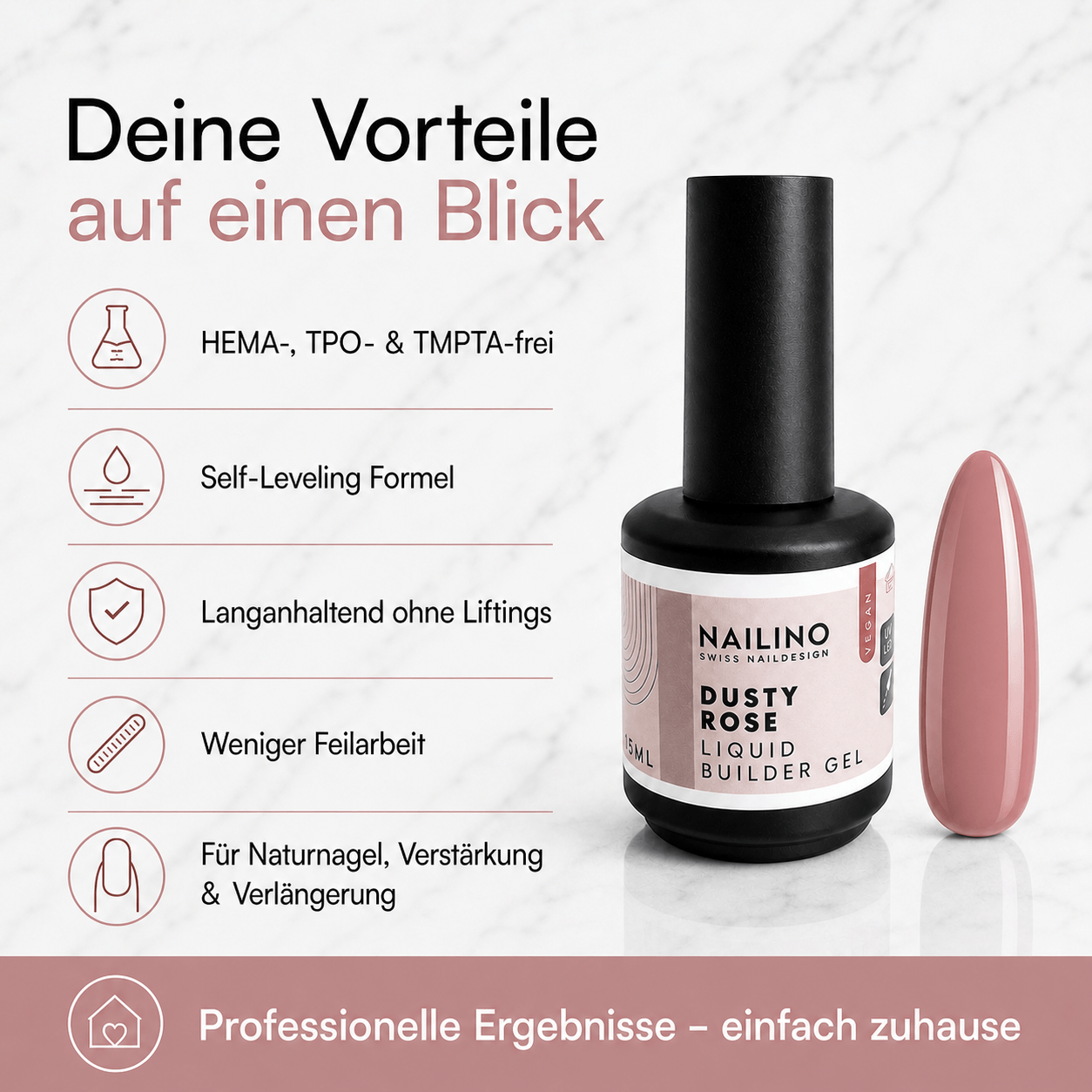 NAILINO Liquid Builder Gel – Dusty Rose mit Vorteilen wie HEMA-frei, Selbstnivellierung, und langlebigen Lifts.
