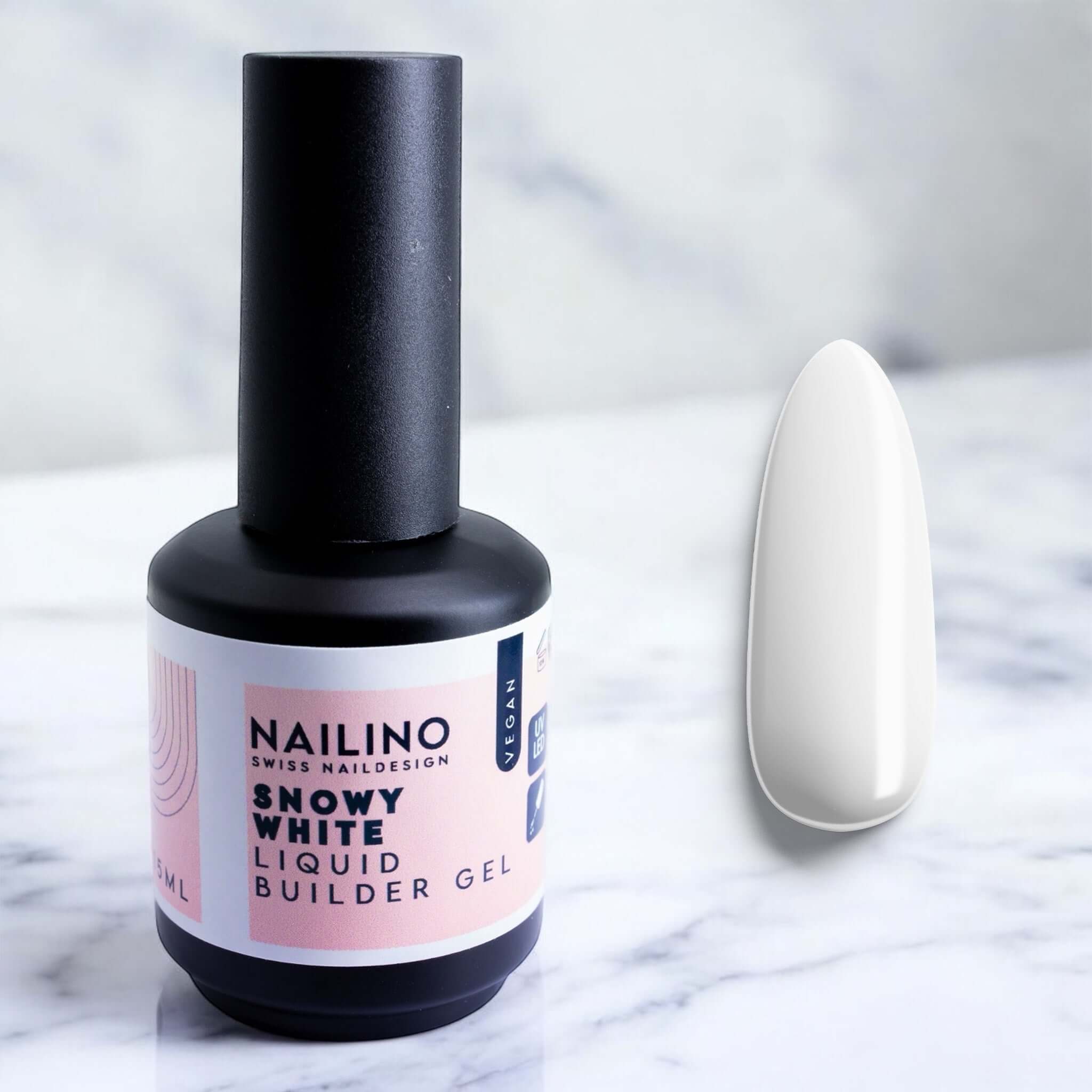 NAILINO Liquid Builder Gel – Snowy White punktet mit einem reinen, strahlenden Weiss, das besonders bei French-Maniküren und eleganten Highlights zur Geltung kommt.