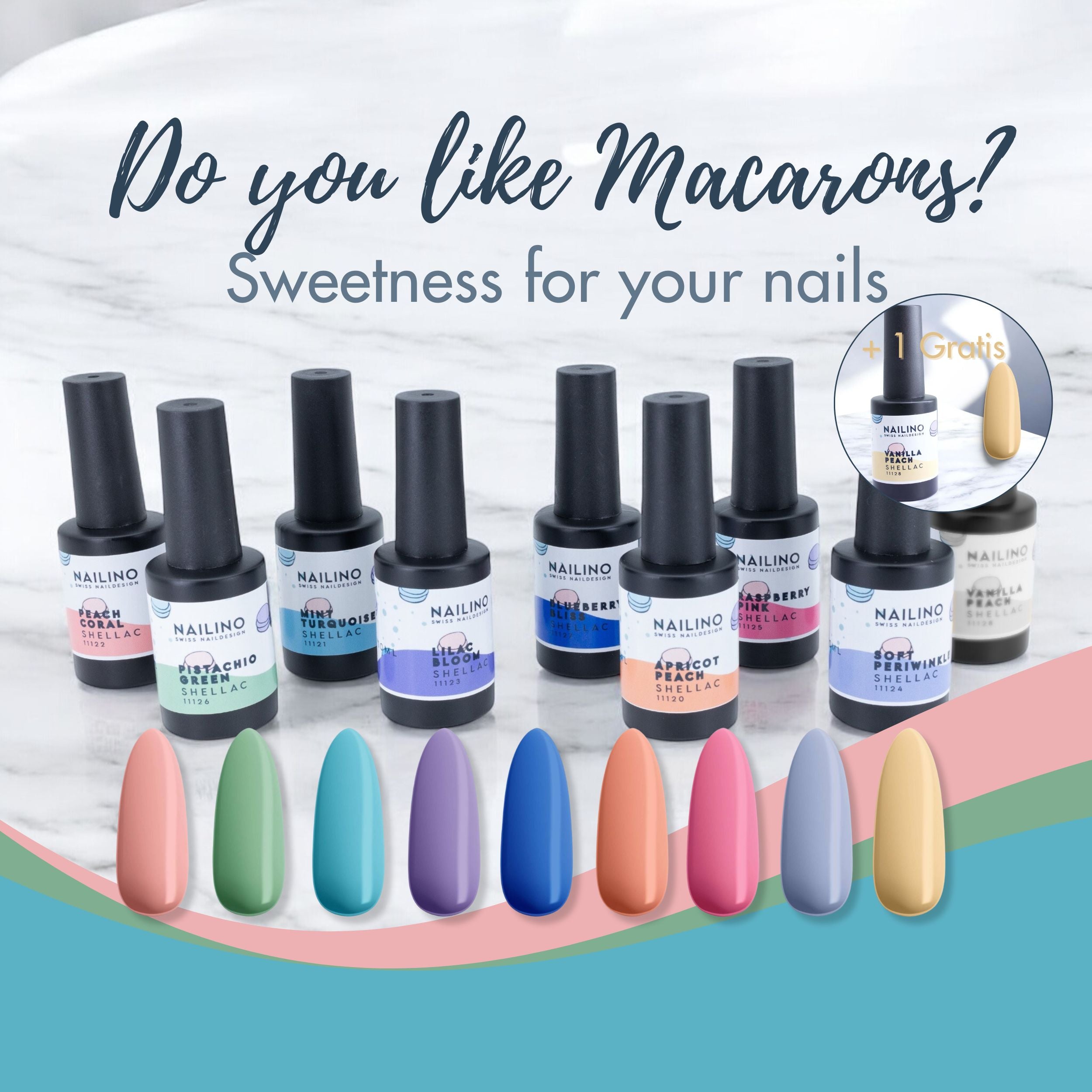 NAILINO Shellac Macaron Collection – 8 süsse Pastelltöne + 1 Gratis - Zarte Farbakzente inspiriert von den beliebten französischen Köstlichkeiten