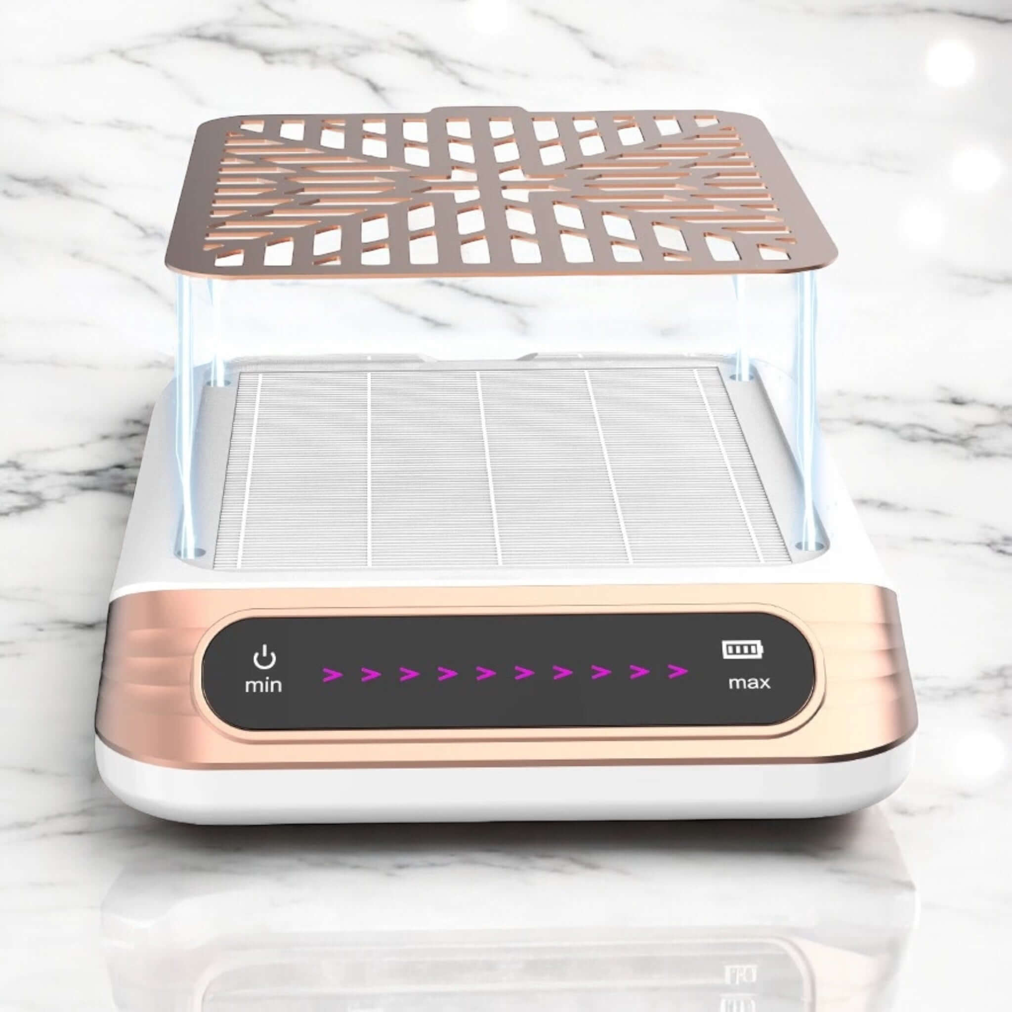 Geöffneter Gold-Nagelstaub-Absauger mit herausnehmbarem Filter, frontal fotografiert