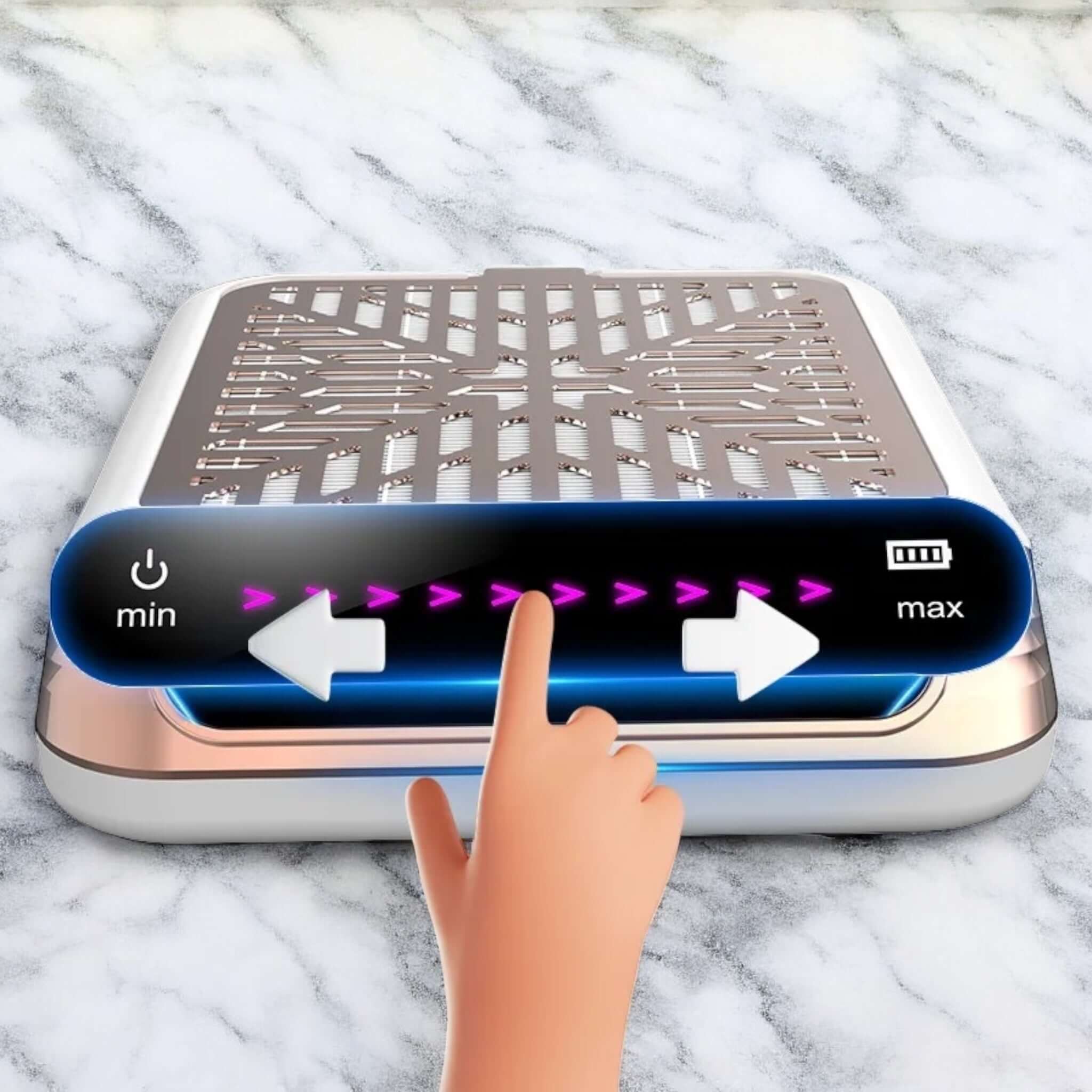 Finger tippt auf Touchfeld eines kabellosen Nagelstaub-Absaugers in Gold mit LED-Anzeige zur Leistungsregelung