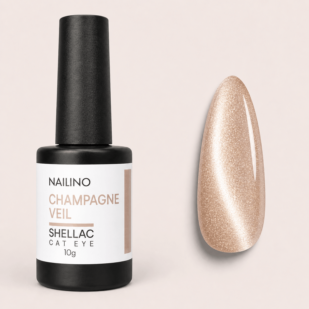 NAILINO Shellac Cat Eye Champagne Veil - 10g Flasche mit Cat-Eye Schimmer und Nagellackfarbe auf Nägeln.