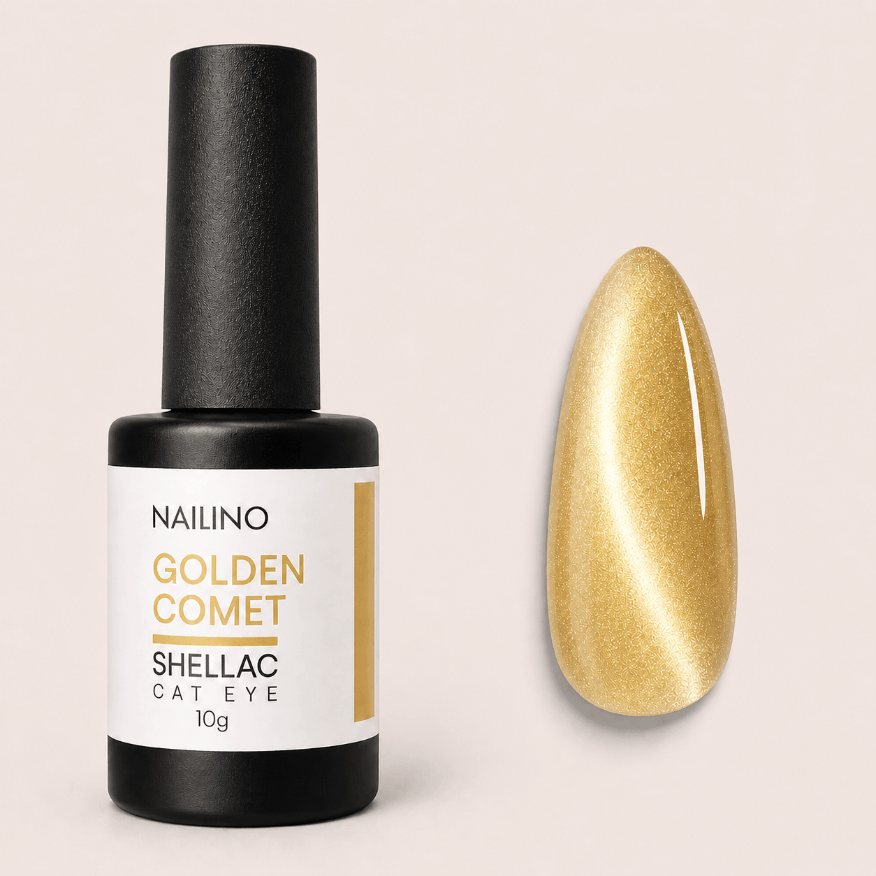 NAILINO Shellac Cat Eye Golden Comet - 10g Nagellack und Farbprobe in luxuriösem Goldton mit Cat-Eye Effekt.