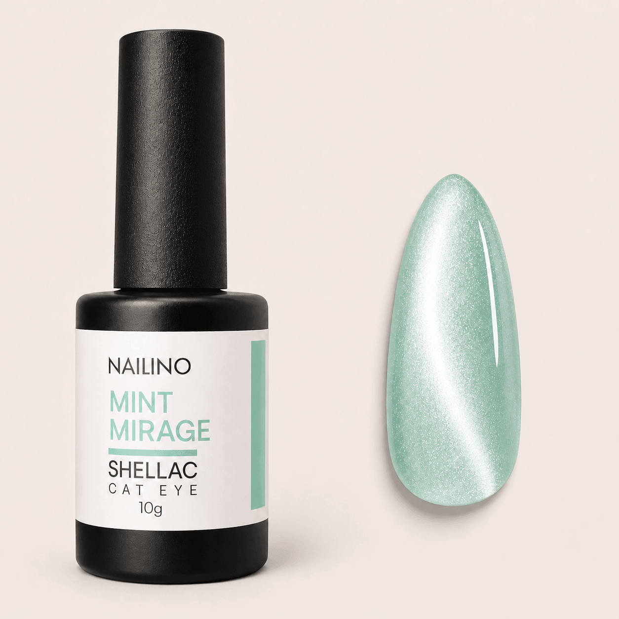 NAILINO Shellac Cat Eye Mint Mirage - 10g Flasche mit mintgrünem Cat-Eye Nagellack und Lackprobe.