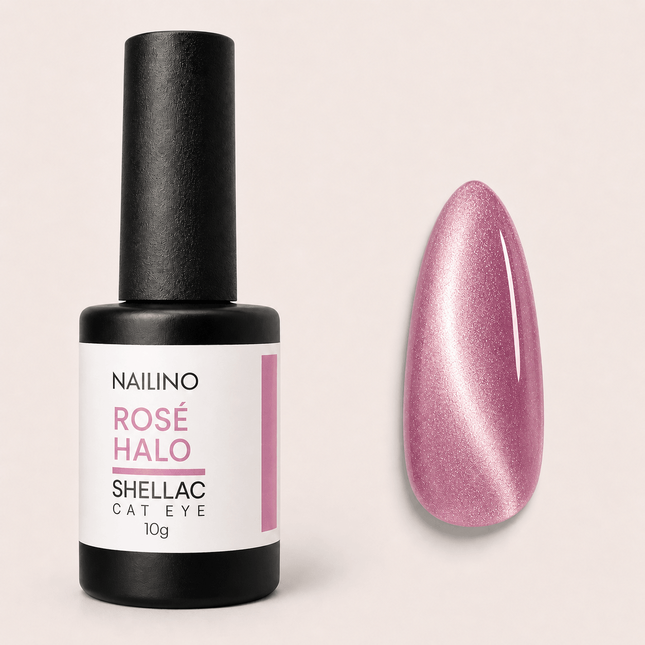 NAILINO Shellac Cat Eye Rosé Halo - 10g Nail Polish Bottle with Cat Eye Swatch
