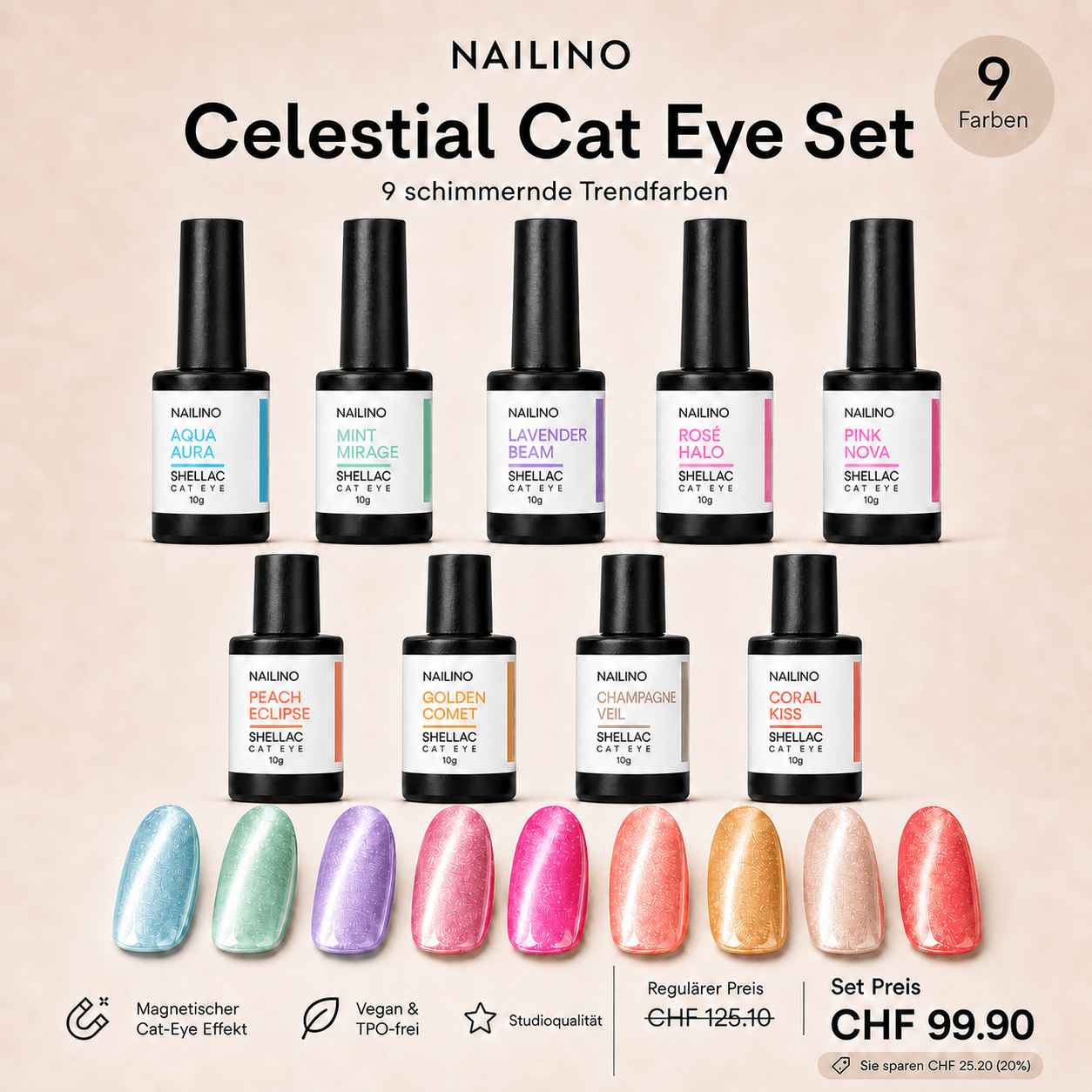 NAILINO Celestial Cat Eye Set - 9 Shellac Farben in schimmernden Trendfarben mit Cat-Eye Effekt.