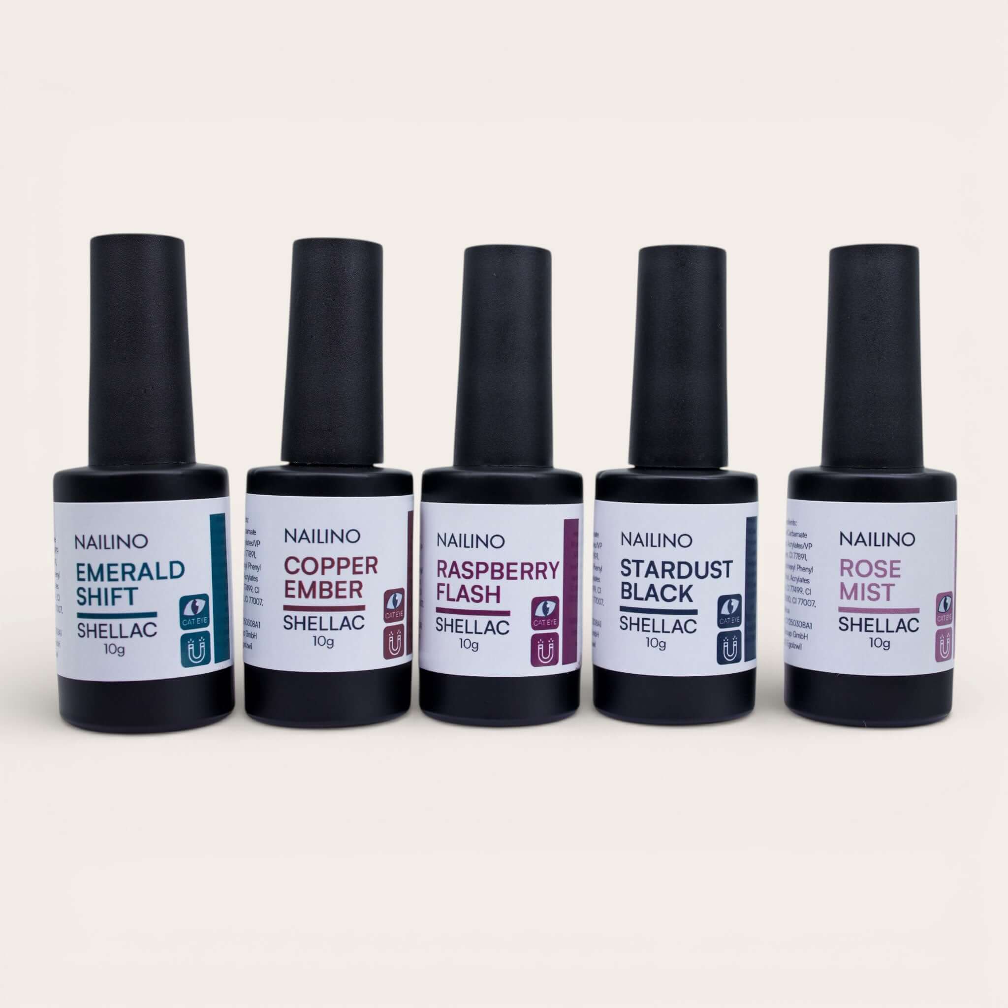 NAILINO Cat Eye Shellac Winter Set - 4 + 1 Gratis mit 5 verschiedenen Shellac Farben in Flaschen