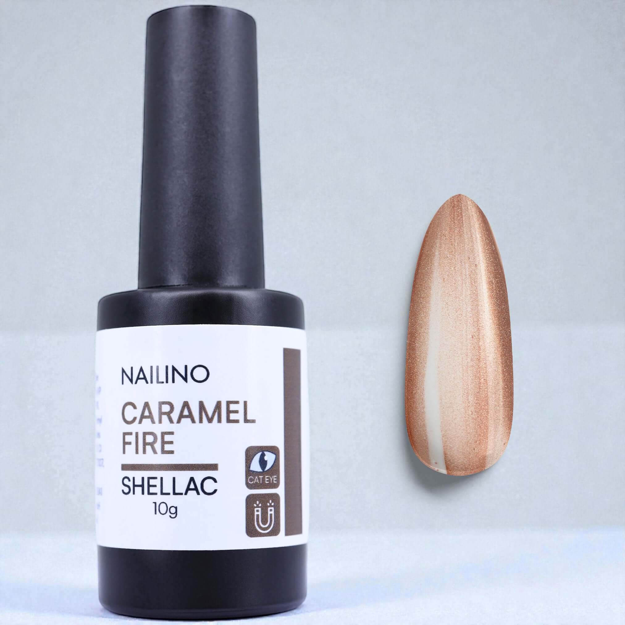 NAILINO Cat Eye Shellac - Caramel Fire Flasche und Nagel mit bronzener Karamellfarbe