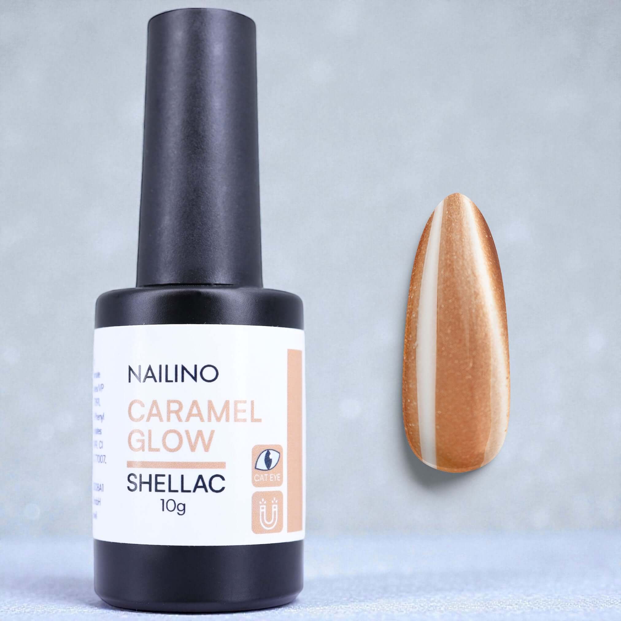 NAILINO Cat Eye Shellac - Caramel Glow Nagellack mit Cat-Eye-Effekt und passender Farbprobe.