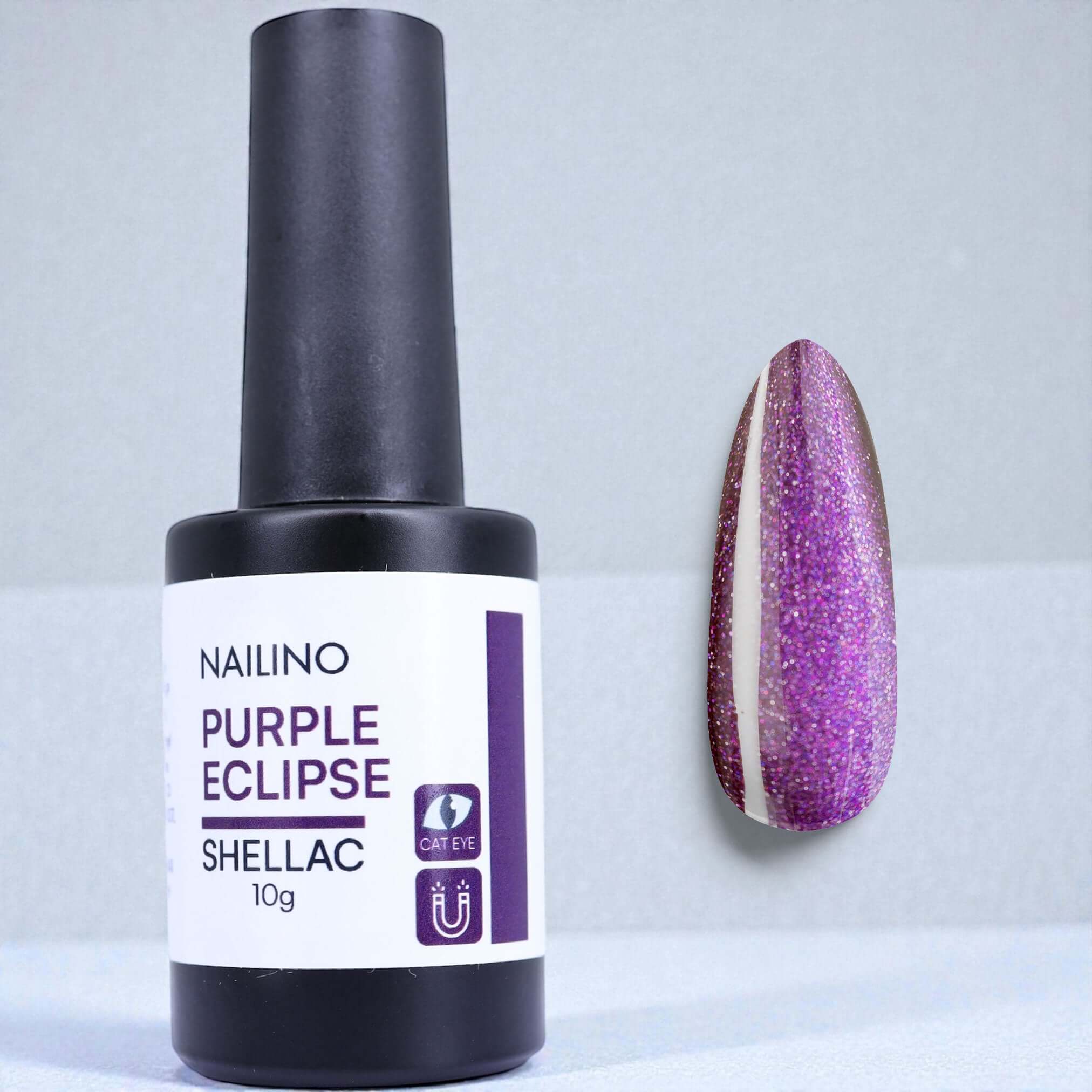 NAILINO Cat Eye Shellac - Purple Eclipse in 10g bottle with swatch displaying 3D purple finish.