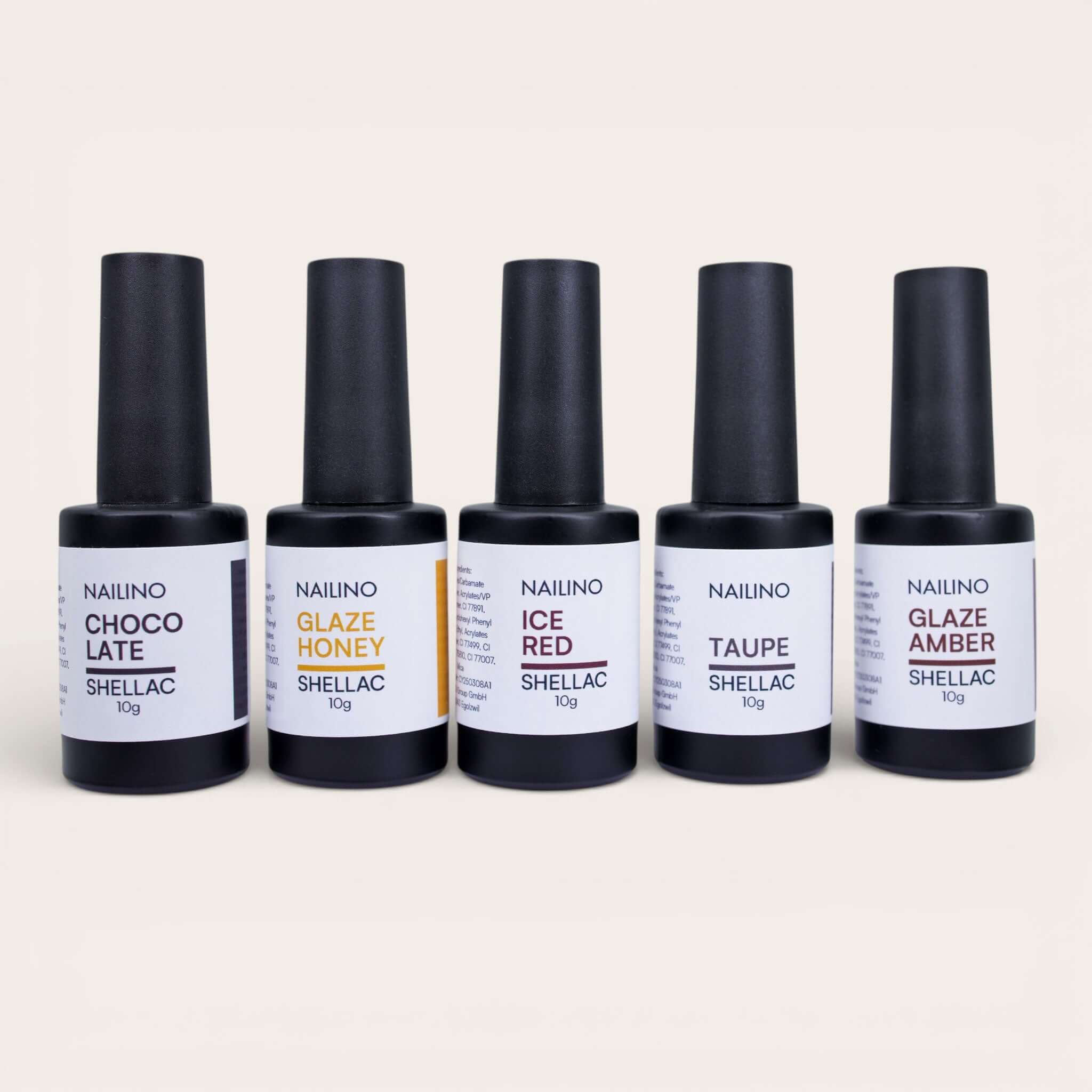 NAILINO Timeless Neutrals - Shellac Set (4 + 1 Gratis) mit fünf eleganten Farben in einem modernen Design.