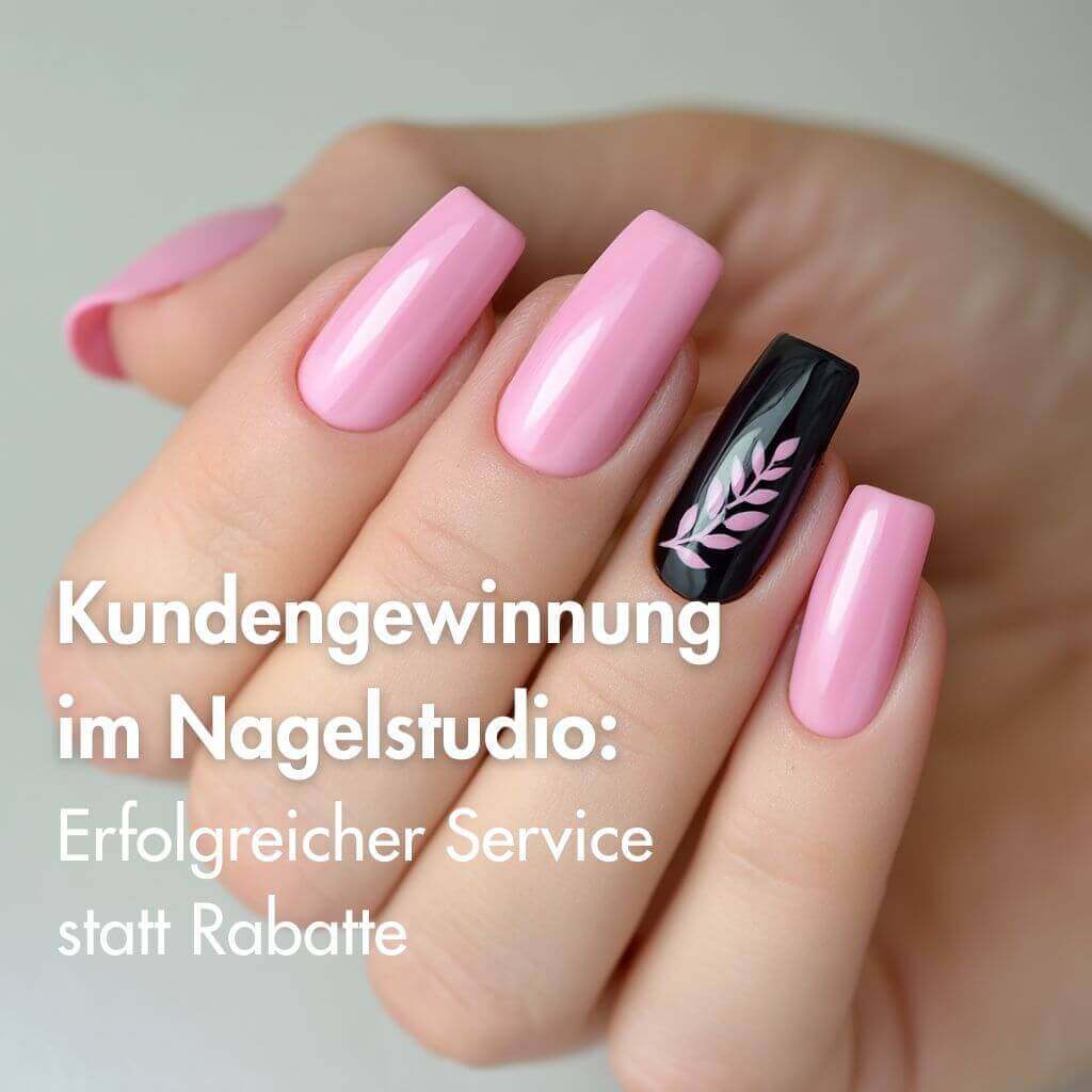 Kundengewinnung im Nagelstudio: Erfolgreicher Service statt Rabatte auf einer Maniküre mit rosa und schwarzer Nagelgestaltung.