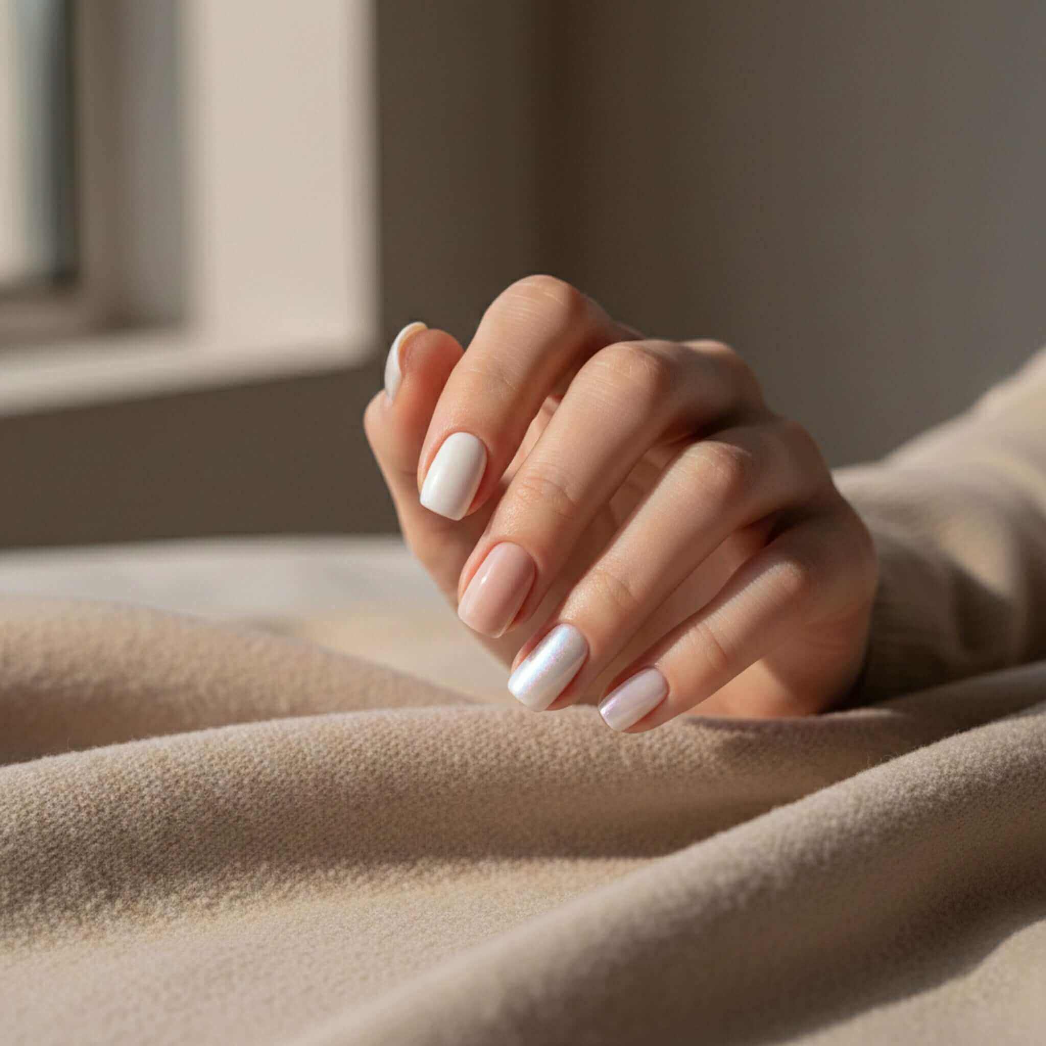 Nageltrends 2026: elegante, gesunde Nägel in zeitloser Schönheit auf weichem Stoff.