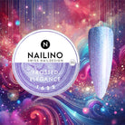 NAILINO Glitzer Farbgel Frosted Elegance in schimmerndem Perlfarbenes Lila auf einem farbenfrohen Hintergrund