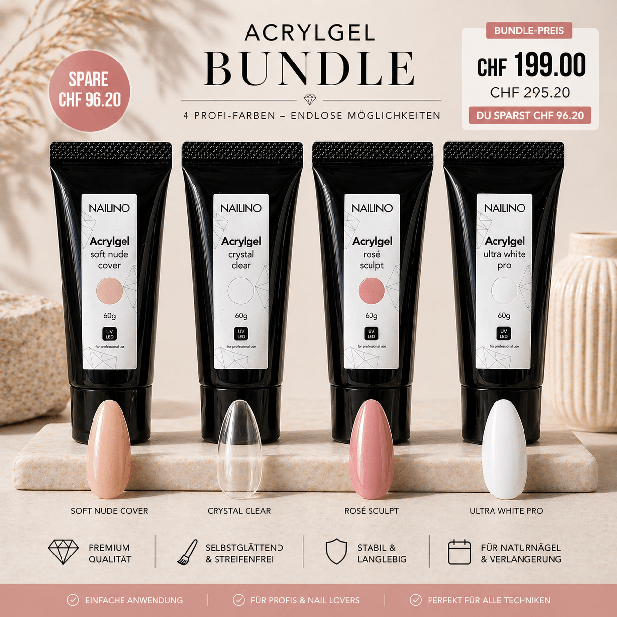 NAILINO Acrylgel Bundle - 4 Profi-Farben, vier Acrylgel-Tuben in verschiedenen Farben für professionelle Nagelmodellage