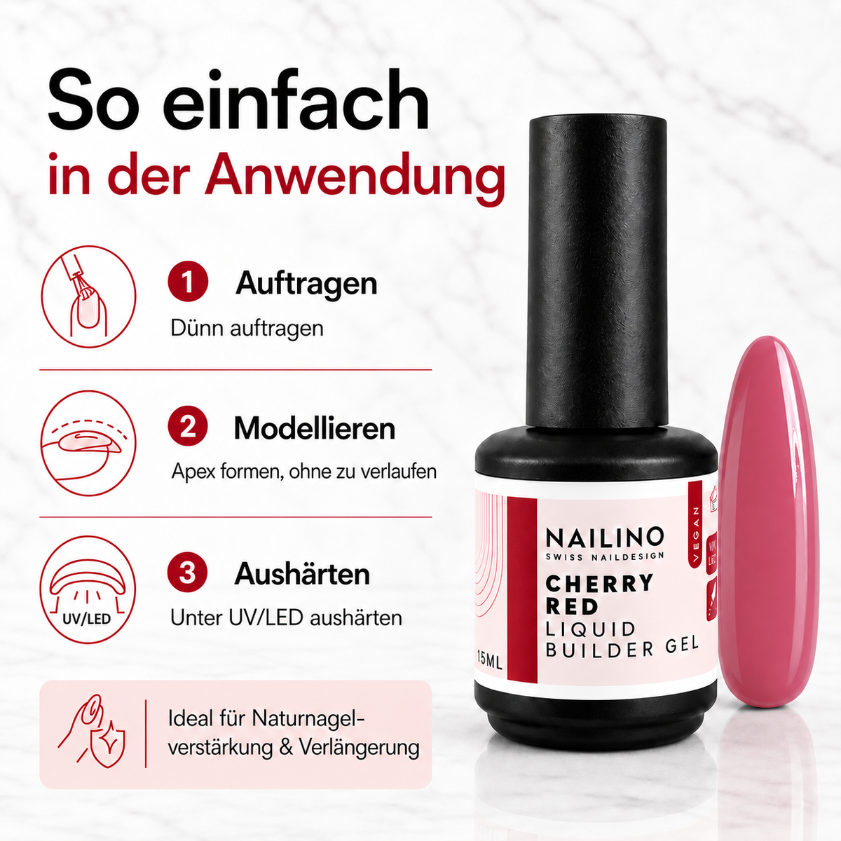 NAILINO Liquid Builder Gel – Anwendungsschritte mit Nageltip im Farbton der Referenzmuster