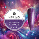 NAILINO Glitzer Farbgel Lavender Radiance in elegantem Lavendelglanz für stilvolle Gelnägel vor einem bunten, funkelnden Hintergrund