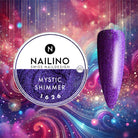 NAILINO Mystic Shimmer 1626 glitter gel in mystical violet for glamorous gel nails with sparkling accents in a cosmic background.