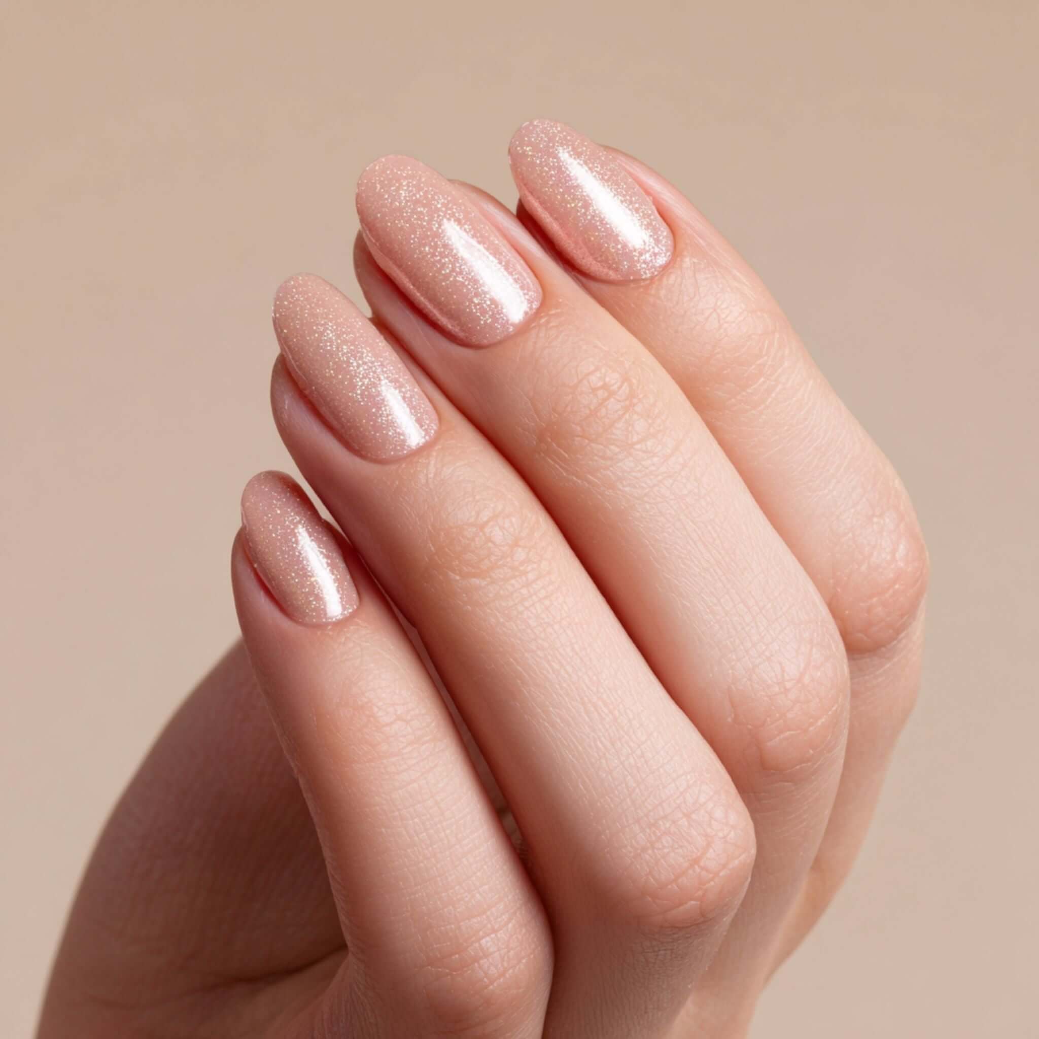 NAILINO Shellac Golden Nude Glow auf zarten, glitzernden Nägeln für einen eleganten Look.