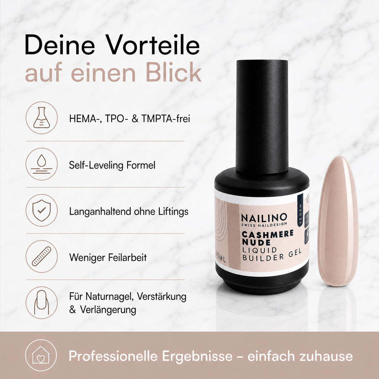 NAILINO Liquid Builder Gel – Cashmere Nude auf einen Blick mit Vorteilen und Anwendungshinweisen.