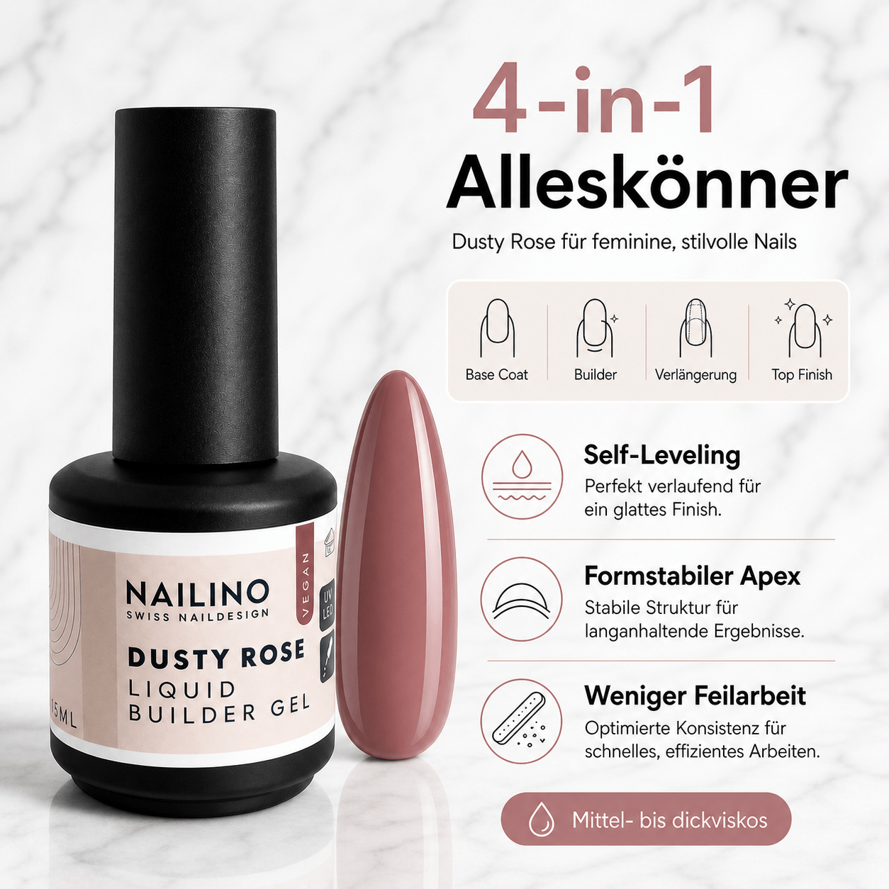 NAILINO Liquid Builder Gel – Dusty Rose in einem eleganten Fläschchen mit Anleitung für feminine, stilvolle Nägel.