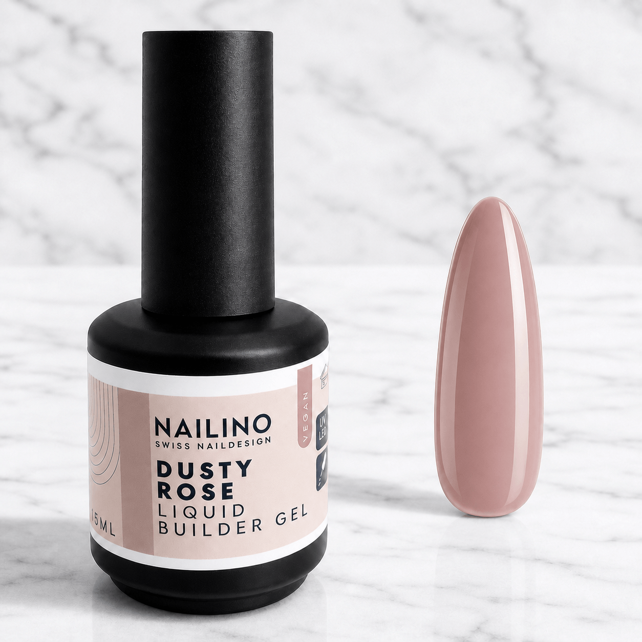 NAILINO Liquid Builder Gel – Dusty Rose mit Nagelprobe auf Marmor-Hintergrund.
