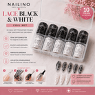 NAILINO Lace Black & White Foil Set mit 10 eleganten Spitzenmustern für einzigartige Nail Art Designs.
