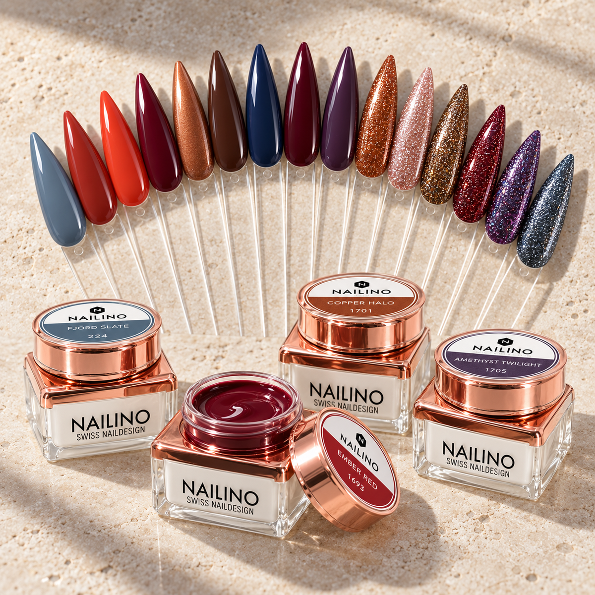 NAILINO Winter Collection 26/27: Farbgel-Tiegel mit 15 passenden Farb- und Glitzerswatches