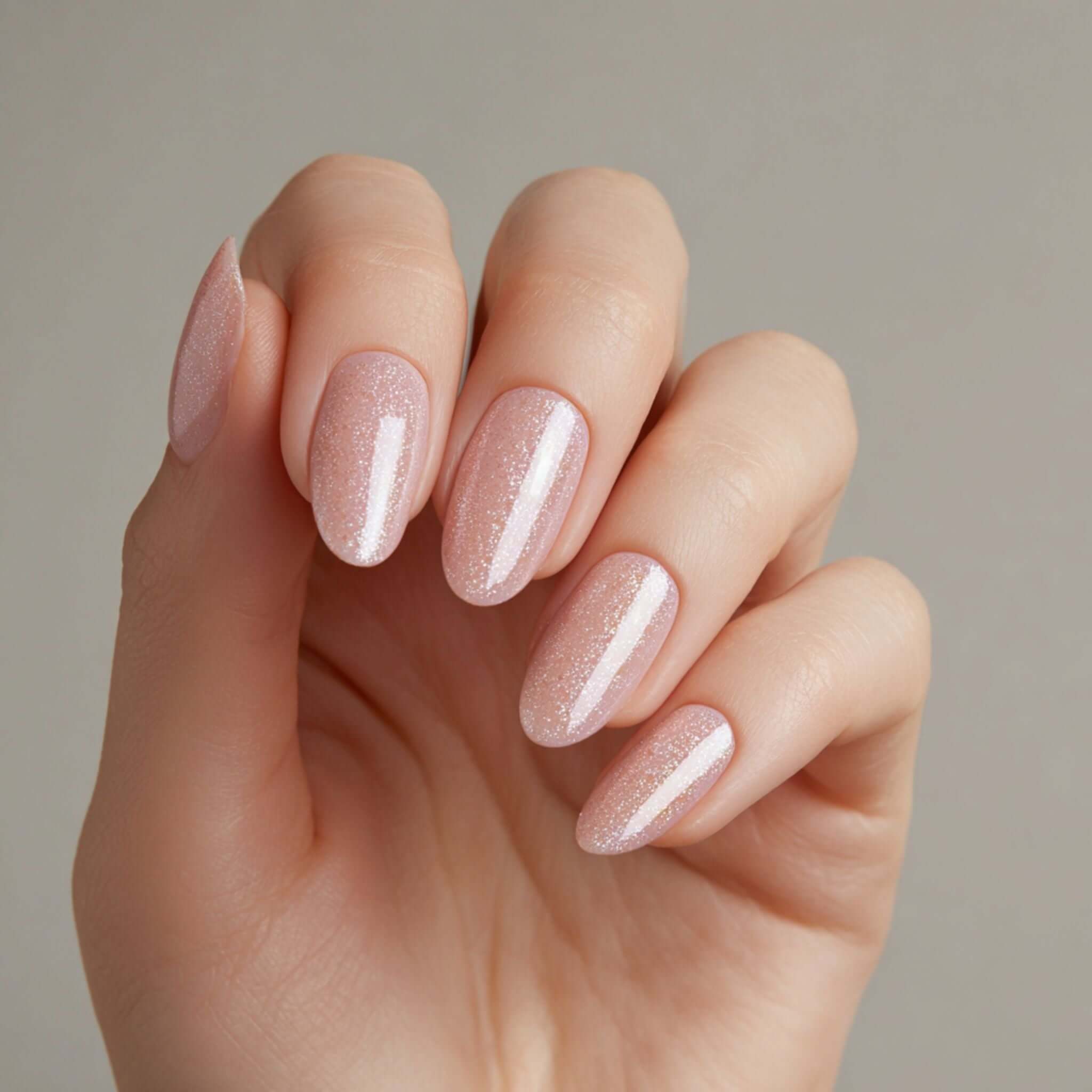 NAILINO Shellac Rosé Perlmutt Glitzer auf eleganten Nägeln in sanften rosa und glitzernden Tönen.