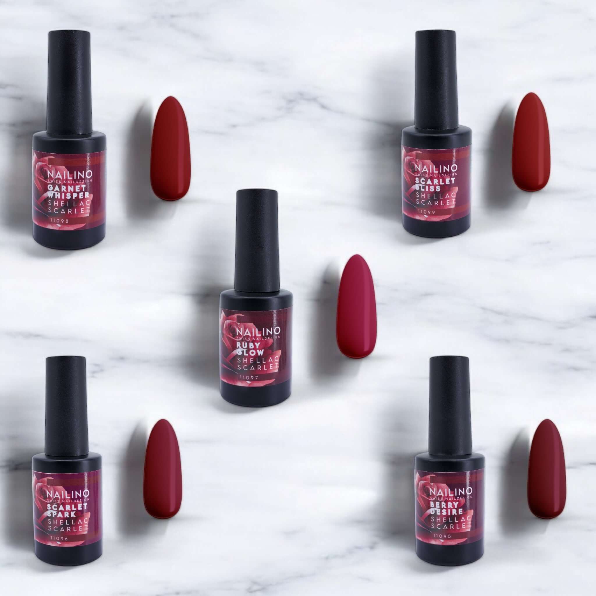 Scarlet Collection – Exklusive Shellac-Bundle-Kollektion mit fünf luxuriösen Rottönen für Winter-Nägel.