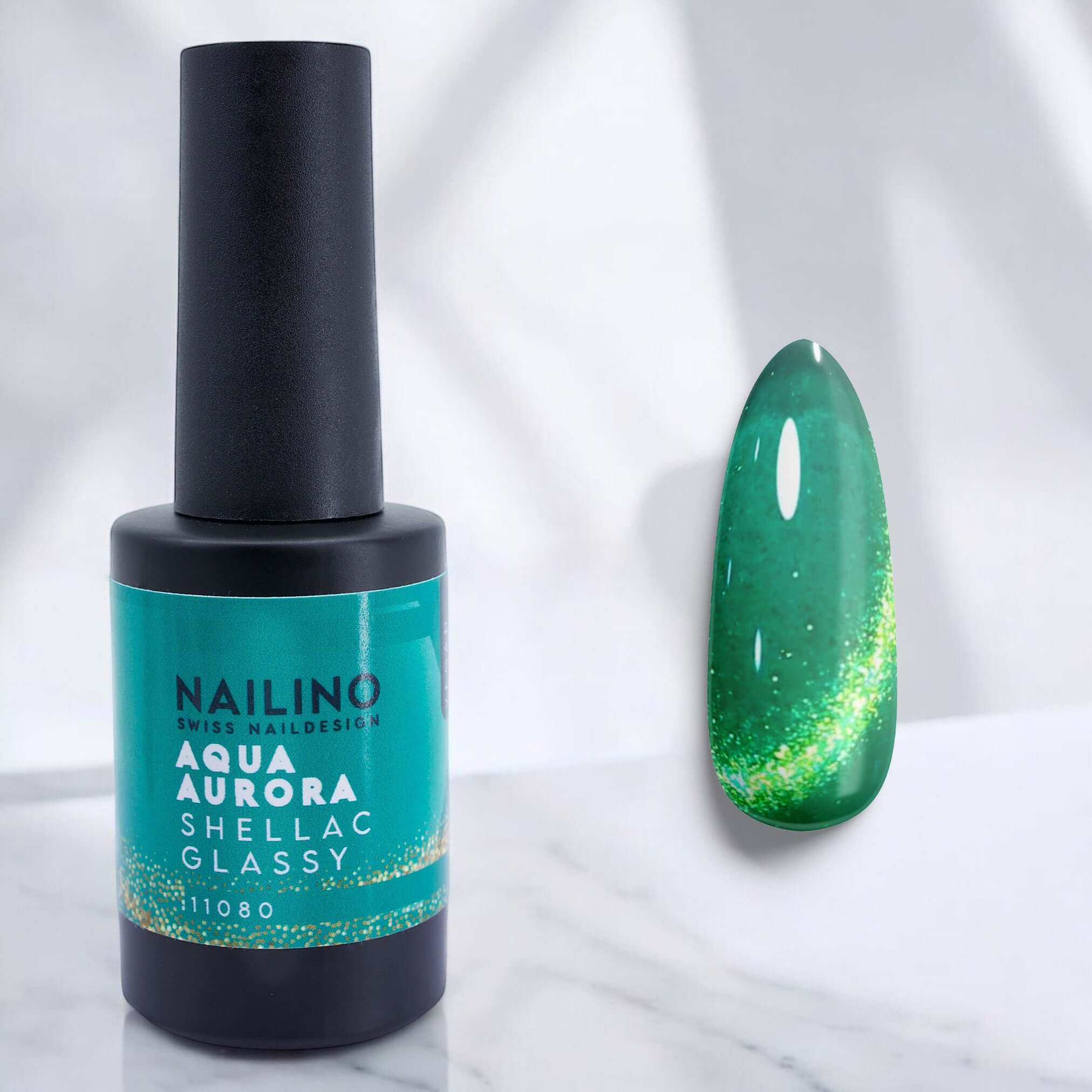 NAILINO Shellac Glassy Cat Eye Aqua Aurora Shellac Glassy Cat Eye – Türkisgrün mit schimmerndem Glaseffekt