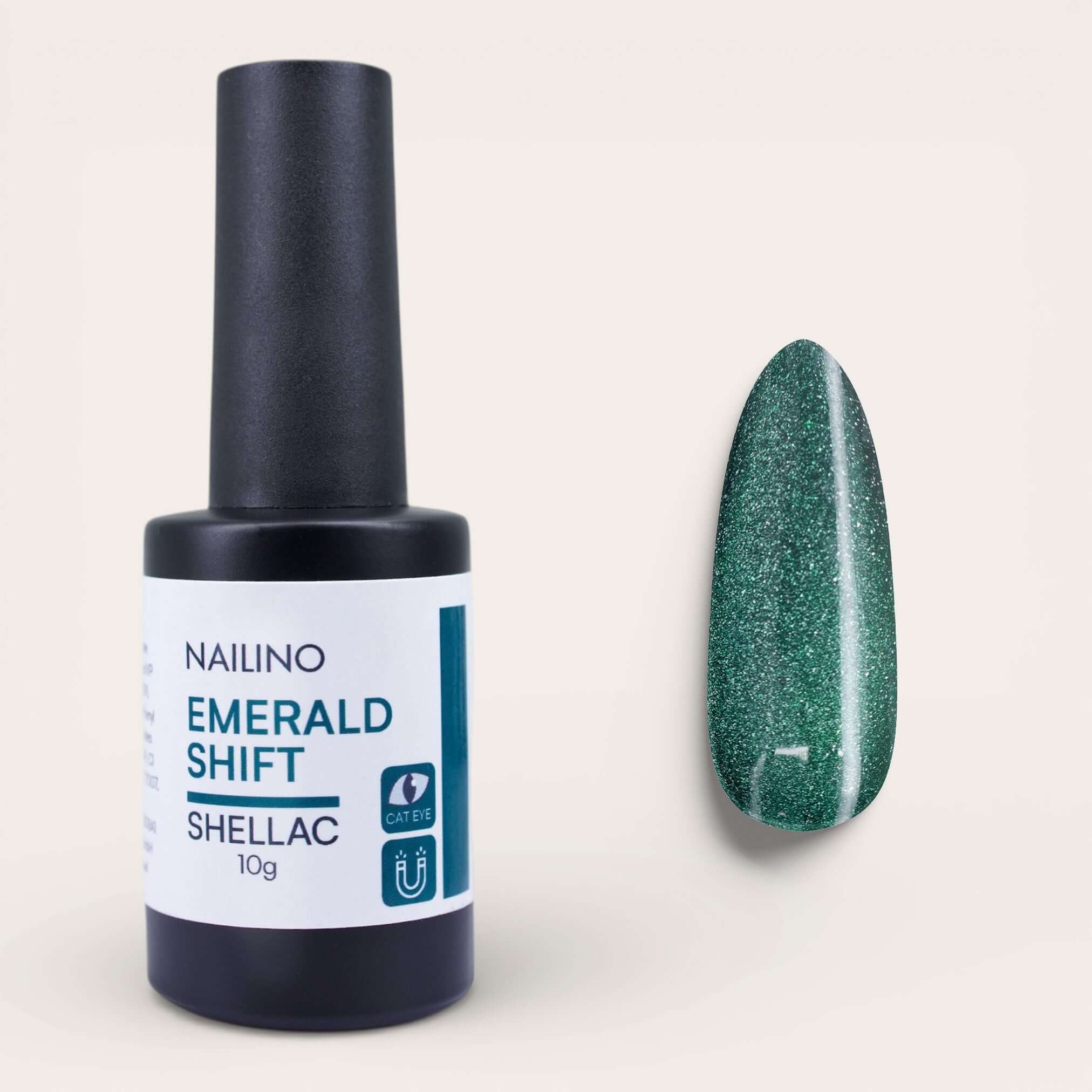 NAILINO Cat Eye Shellac Winter Set - 4 + 1 Gratis - Emerald Shift Farbe mit shimmering Cat Eye Effekt.