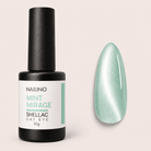 NAILINO Shellac Cat Eye Mint Mirage - 10g Flasche mit mintgrünem Cat-Eye Nagellack und Lackprobe.