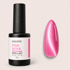 NAILINO Shellac Cat Eye Pink Nova - 10g Flasche mit pinkem Cat-Eye Farbton und Nagelprobe.
