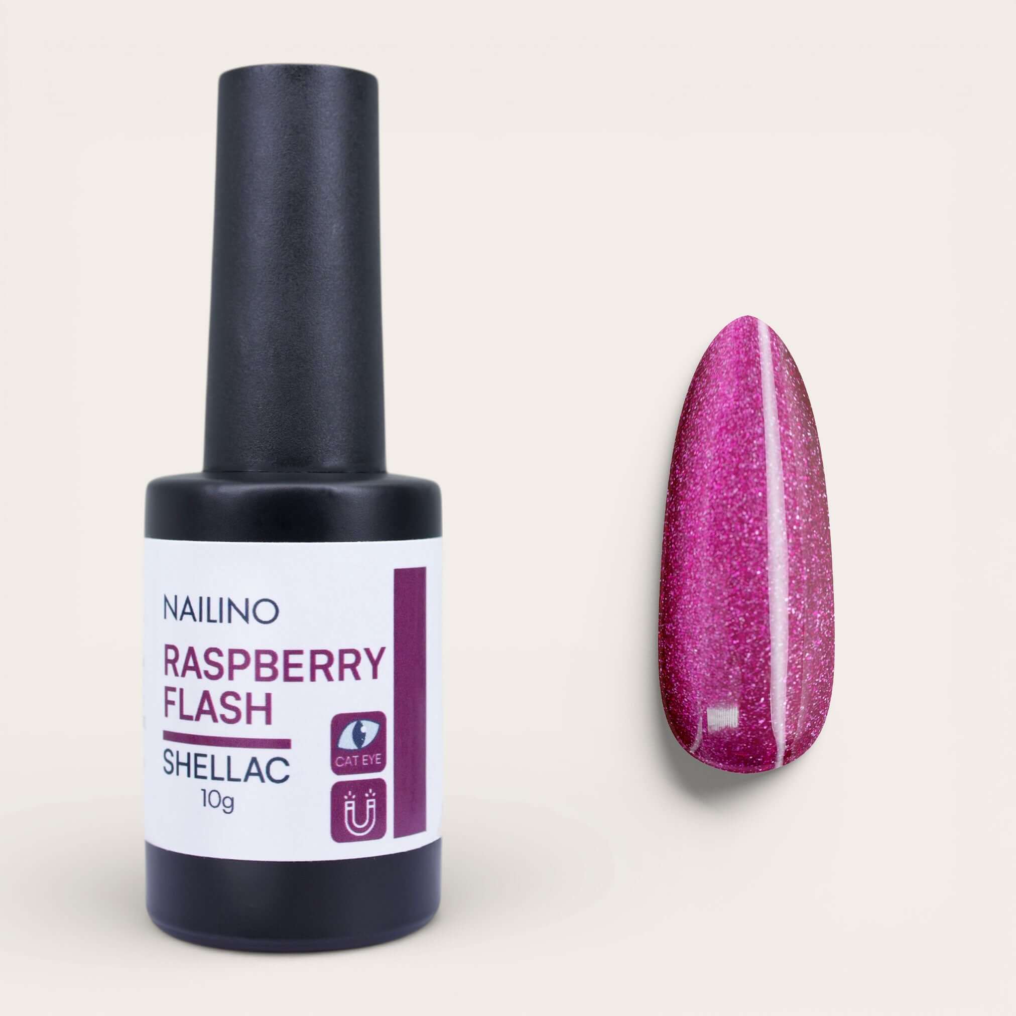 NAILINO Cat Eye Shellac - Raspberry Flash, intensives Himbeer-Magenta mit Cat-Eye-Effekt, 10g Flasche und Nagelmodell.
