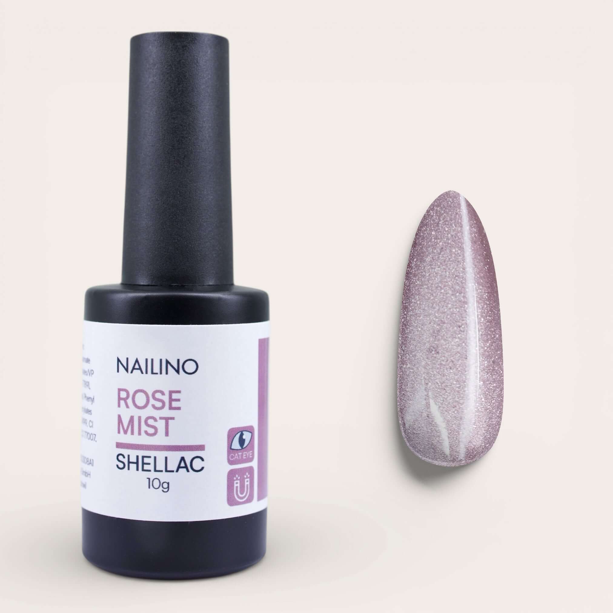 NAILINO Cat Eye Shellac - Rosé Mist Flasche und Nagellack Farbe mit feinem Cat-Eye-Schimmer.