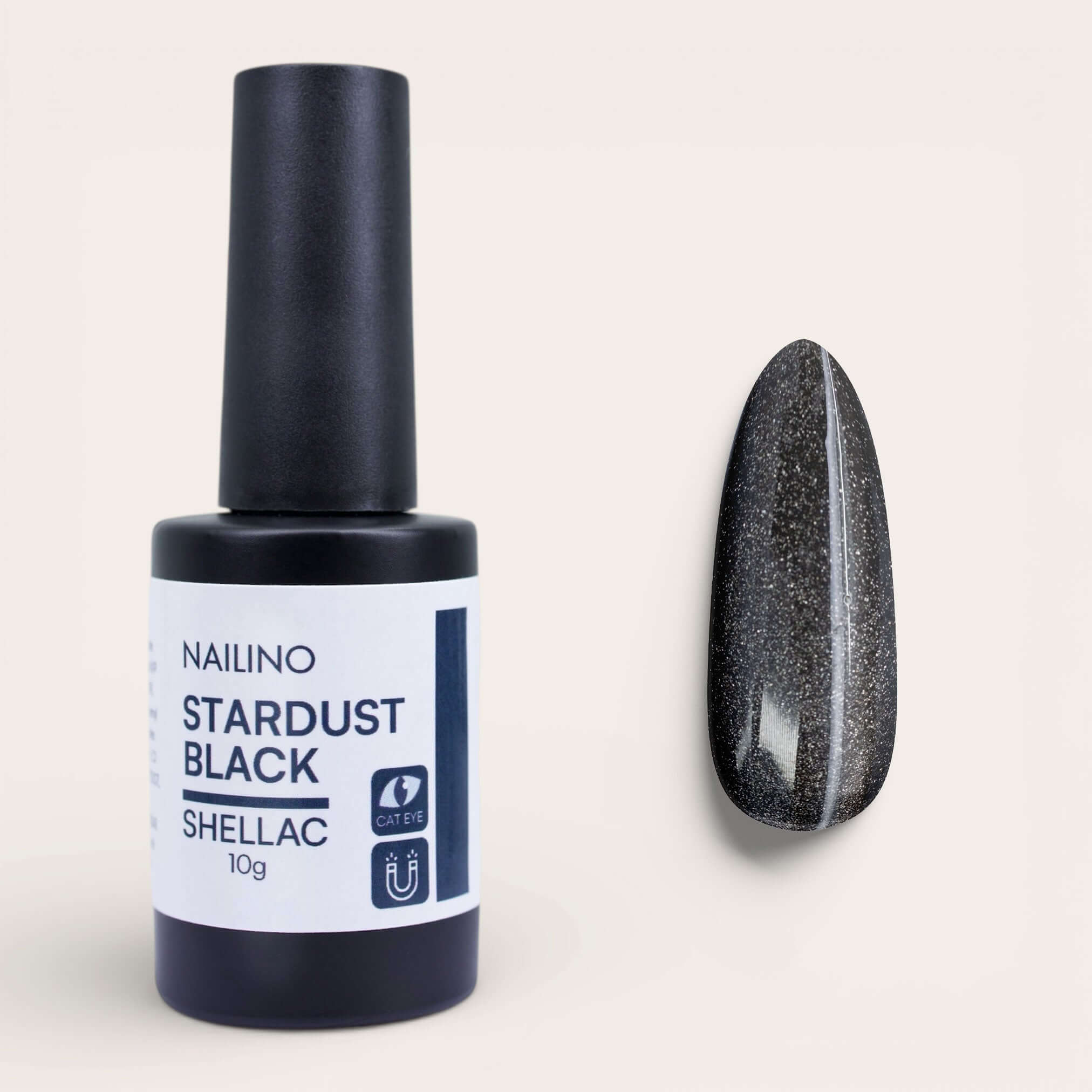 NAILINO Cat Eye Shellac - Black Stardust in 10g Flasche mit Cat-Eye-Effekt und schwarzem Glitzer-Nagellack.