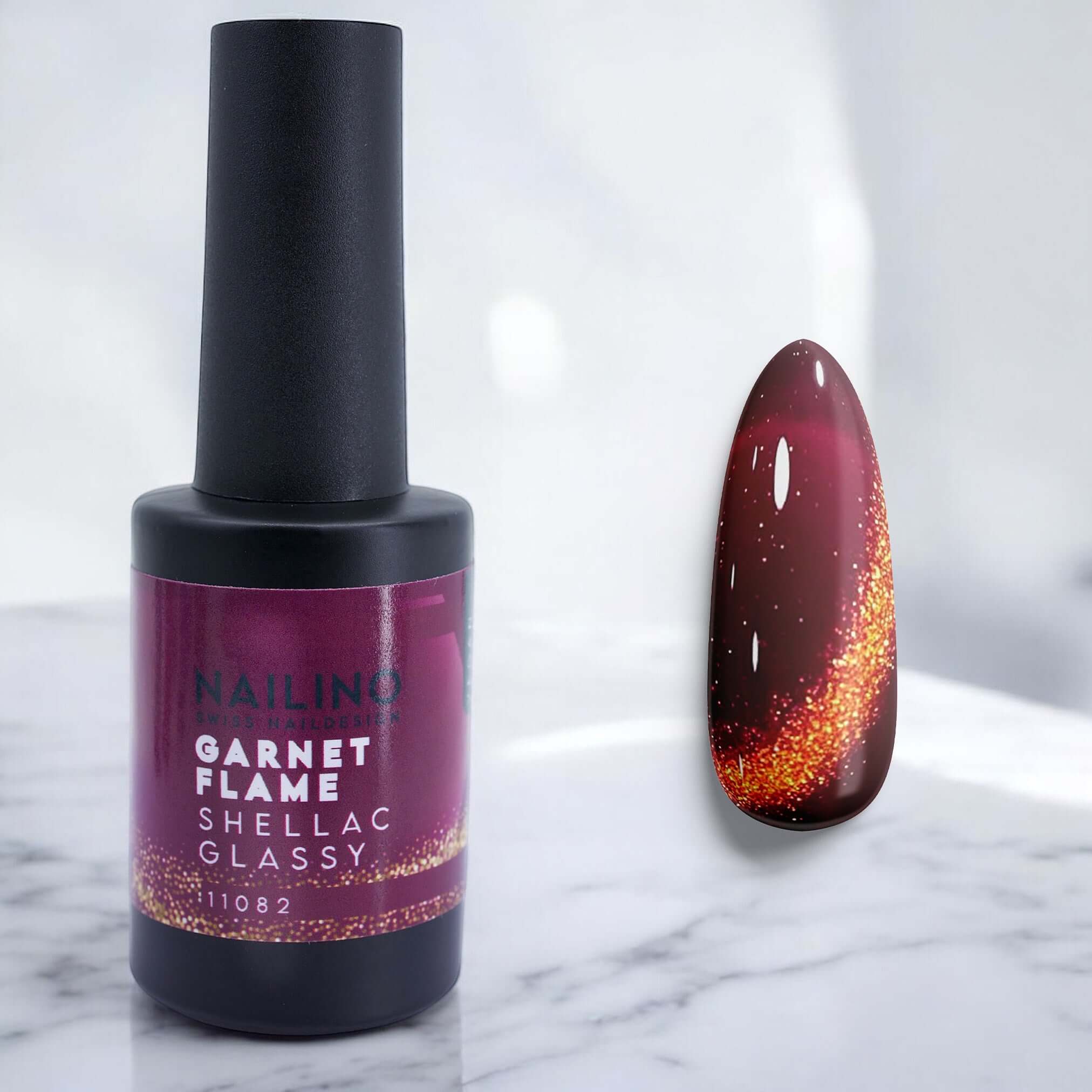 NAILINO Shellac Glassy Cat Eye Garnet Flame – Intensives Dunkelrot mit goldenem Schimmer