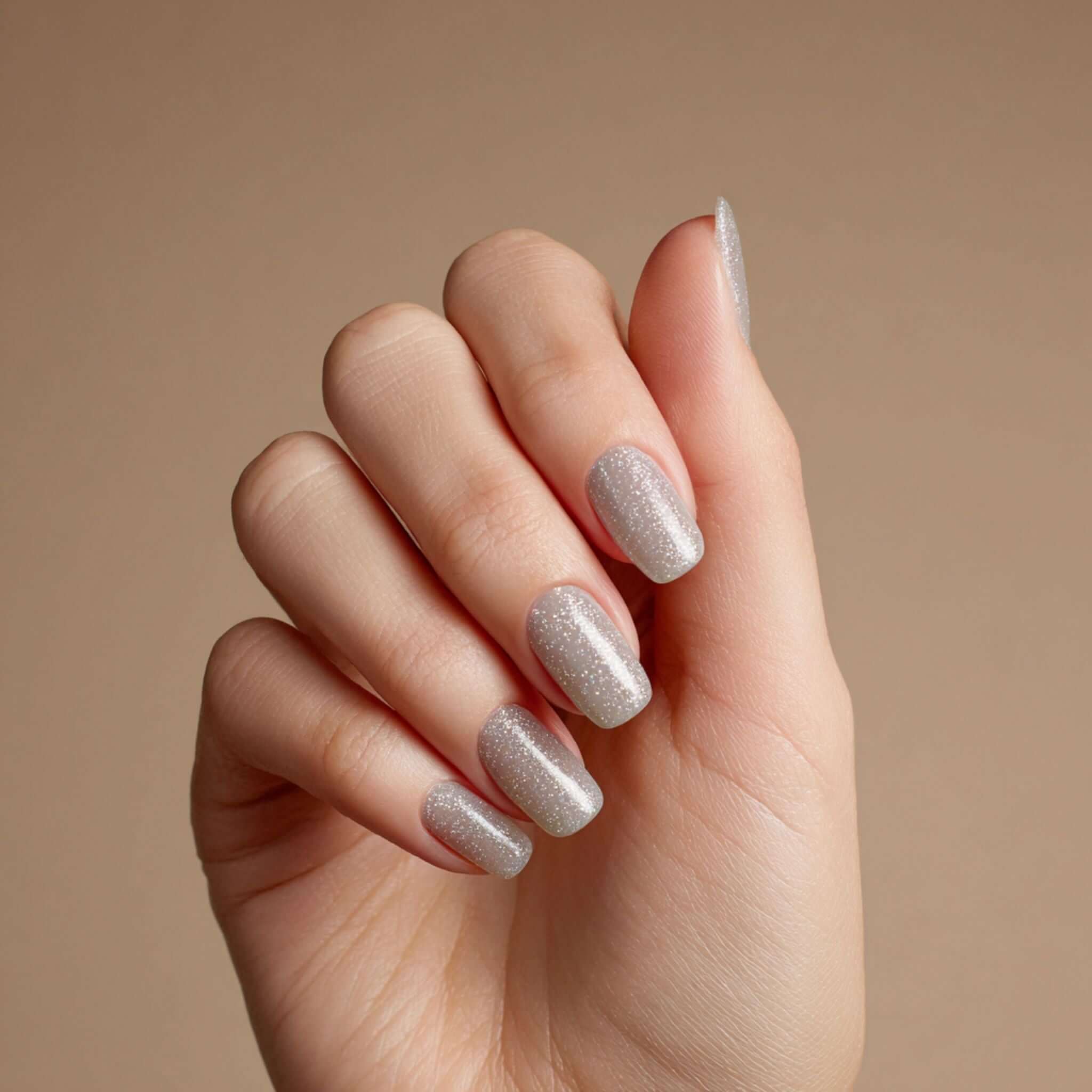 Silber Shellac Glitzer Nagellack auf manicurierten Nägeln für intensiven Funkel-Effekt